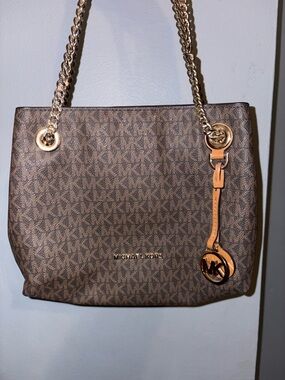 Michael Kors Brown Monogram Shoulder Tote with Gold Hardware